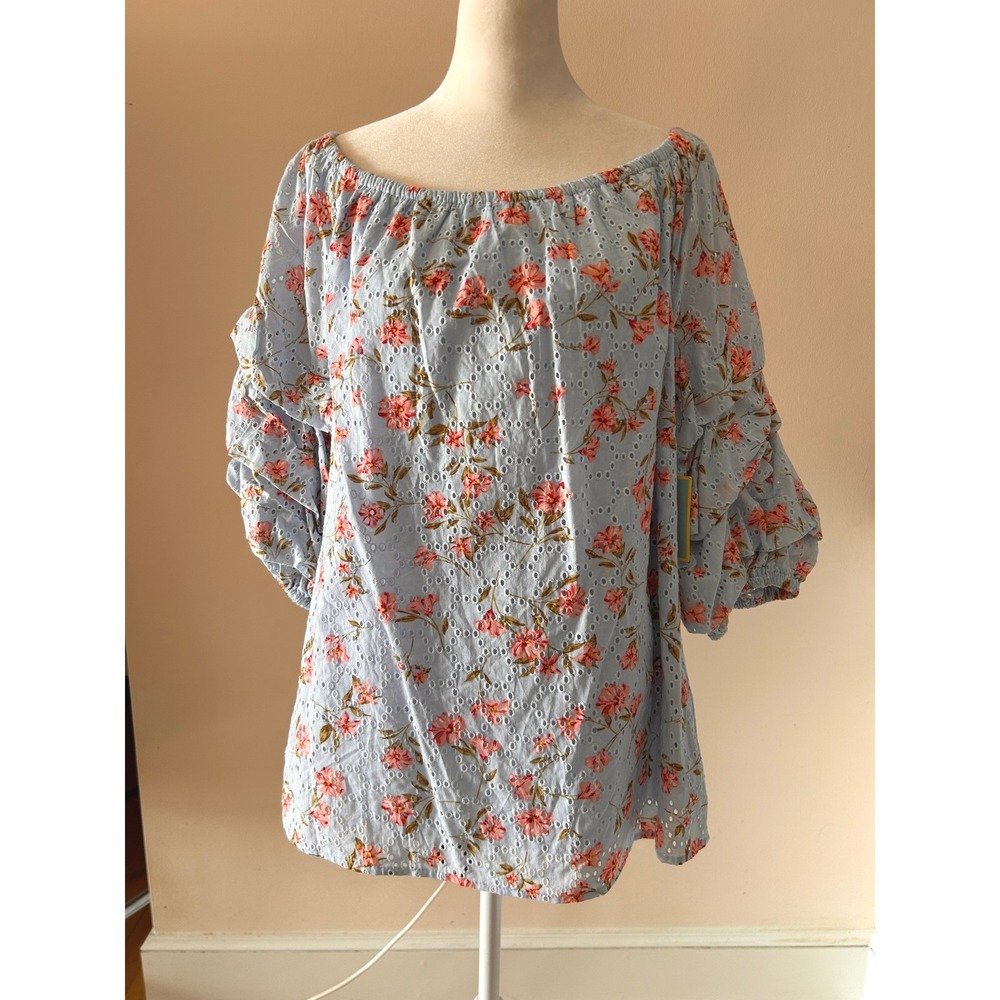 NWT CeCe Blue Floral Eyelet Off Shoulder Ruffle Sleeve Blouse Top Oversize Large